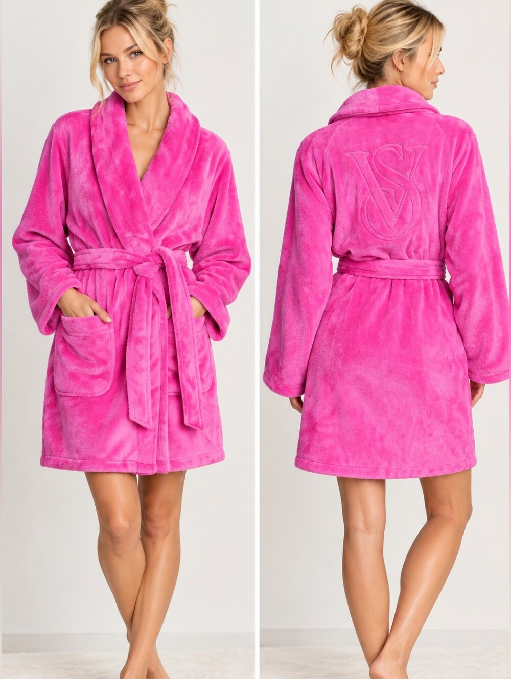 Victoria’s Secret Plush Cozy Short Robe In Bright Fuchsia Pink Size Medium/Large